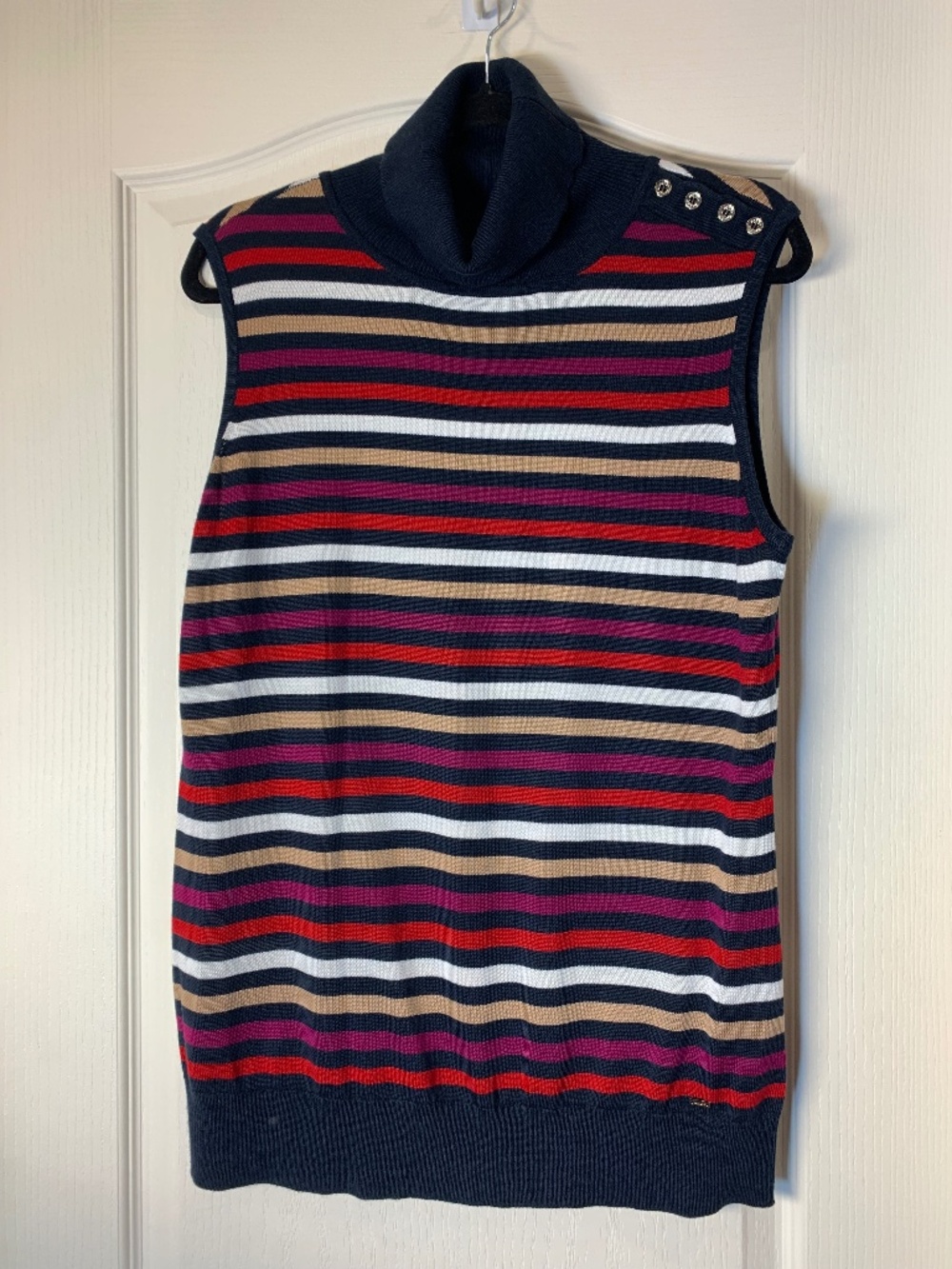 Tommy Hilfiger Striped Sleeveless Turtleneck Sweater Size L Preppy Layering Fall